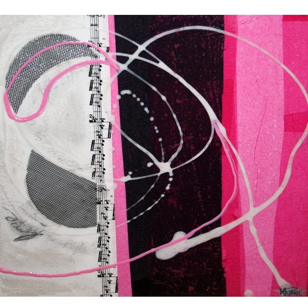 Peinture abstraite de format carré. Techniques mixtes sur toile signée MPOIRIER : blanc, gris, rose, noir.