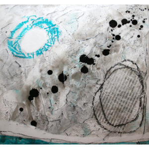 Oeuvre abstraite carrée signée MPOIRIER qui raconte une histoire avec ses fragments de vie : blanc, gris, turquoise, noir.
