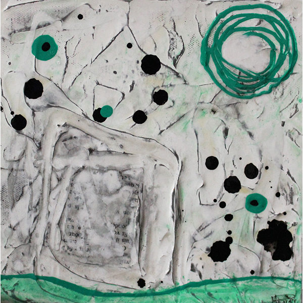 Oeuvre abstraite carrée signée MPOIRIER qui raconte une histoire avec ses fragments de vie : blanc, gris, vert, noir.