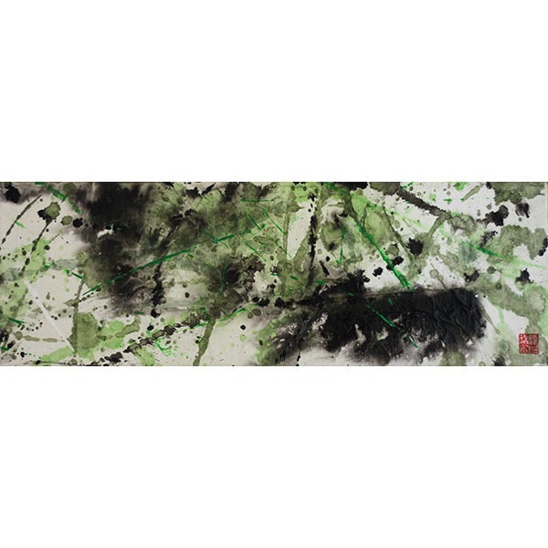 Peinture abstraite/ rectangulaire sur papier marouflée sur bois signée Daniel Giroux : blanc, rouge, noir, gris, vert.