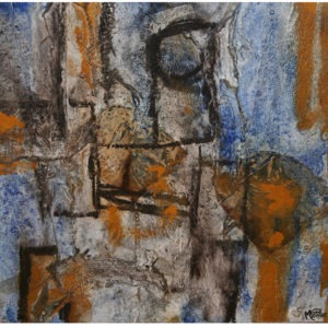 Peinture abstraite de format carré. Techniques mixtes sur toile signée MPOIRIER : blanc, orange, gris, beige, brun, bleu, noir.