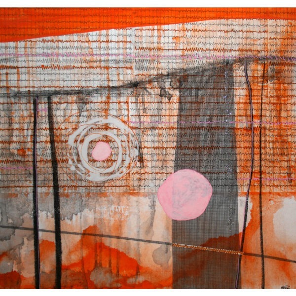 Peinture abstraite de format carré. Techniques mixtes sur toile signée MPOIRIER : blanc, orange, gris, rose, noir.