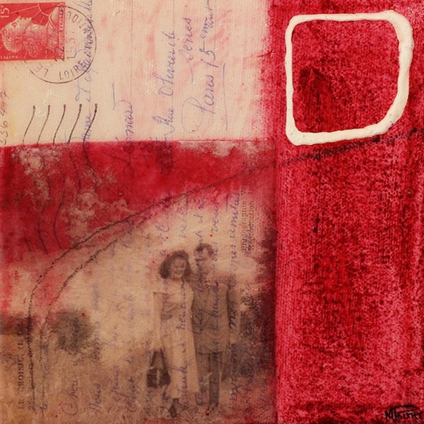 Oeuvre carrée signée MPOIRIER qui rappelle des souvenirs avec ses images d'autrefois: blanc, rose, mauve, rouge, noir.