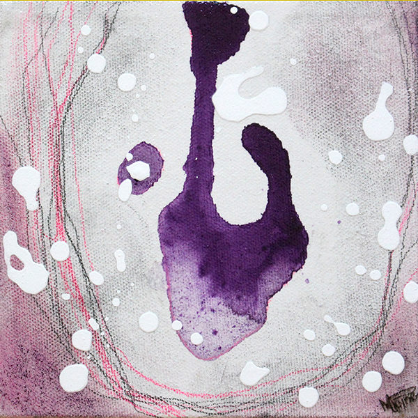 Peinture abstraite de format carré. Techniques mixtes sur toile signée MPOIRIER : blanc, gris, rouge, rose, violet, noir.
