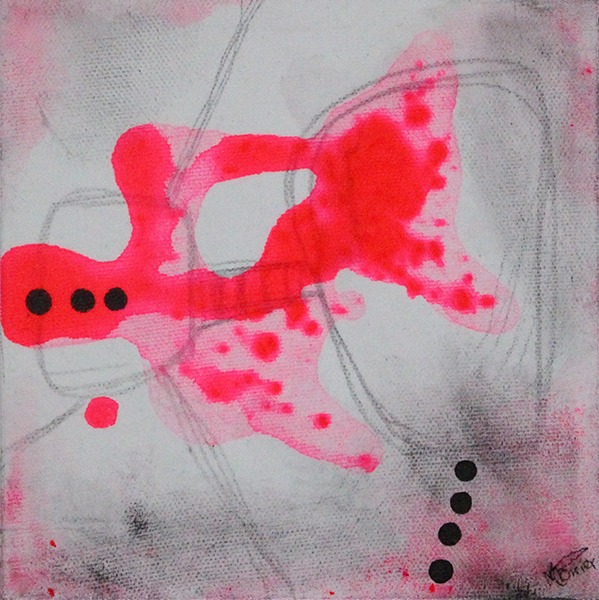 Peinture abstraite de format carré. Techniques mixtes sur toile signée MPOIRIER : blanc, gris, rouge, rose, noir.
