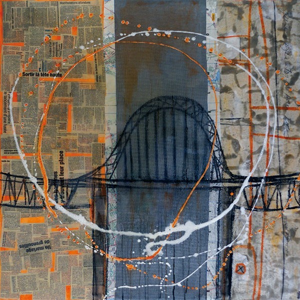 Peinture de grand format signée MPOIRIER inspirée du pont Honoré-Mercier avec du orange, blanc, noir, bleu, gris, beige.
