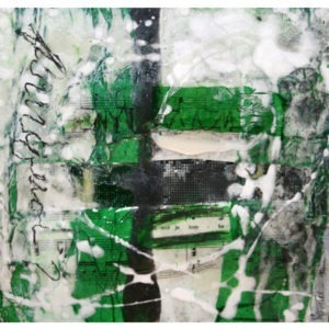 Peinture abstraite de format carré. Techniques mixtes sur toile signée MPOIRIER : blanc, gris, vert, noir.