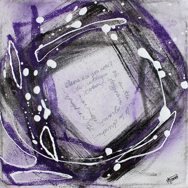 Peinture abstraite de format carré. Techniques mixtes sur toile signée MPOIRIER : blanc, gris, violet, noir.