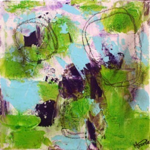 Oeuvre abstraite carrée signée MPOIRIER qui fait voyager en Norvège: blanc, rose, violet, vert, bleu, noir, beige.