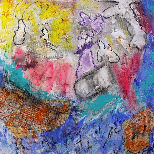 Peinture abstraite de format carré. Techniques mixtes sur toile signée MPOIRIER : blanc, orange, gris, rouge, rose, jaune, turquoise, violet, mauve, noir.