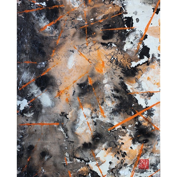 Peinture abstraite/ rectangulaire sur papier marouflée sur bois signée Daniel Giroux : blanc, rouge, noir, gris, orange.