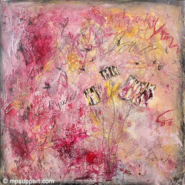 Peinture abstraite de format carré. Techniques mixtes sur toile signée MPOIRIER : blanc, orange, gris, rouge, rose, jaune, bourgogne, noir.