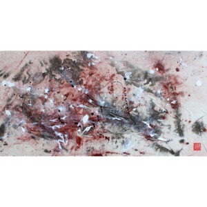 Peinture abstraite/ rectangulaire sur papier marouflée sur toile signée Daniel Giroux : blanc, rouge, noir, gris.