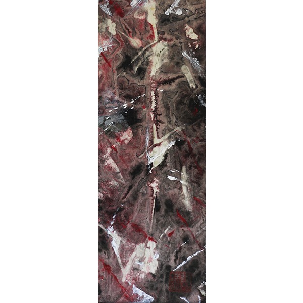 Peinture abstraite/ rectangulaire sur papier marouflée sur bois signée Daniel Giroux : blanc, rouge, noir, gris, brun.