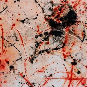 Peinture abstraite/ carré sur papier marouflée sur toile signée Daniel Giroux : blanc, rouge, noir, gris.