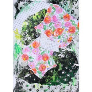 Oeuvre abstraite sur papier en techniques mixtes signée MPOIRIER avec du blanc, rouge, vert, rose, jaune, noir, mauve, gris.