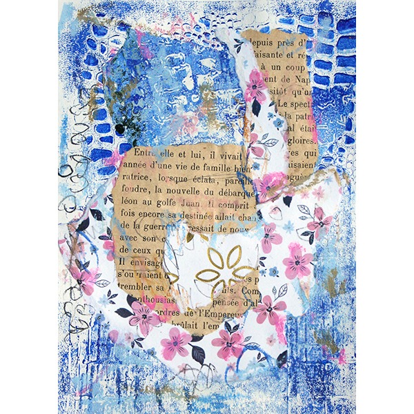 Oeuvre abstraite sur papier en techniques mixtes signée MPOIRIER avec du blanc, rose, doré, beige, bleu, noir, gris.