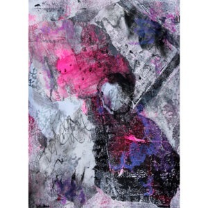 Oeuvre abstraite sur papier en techniques mixtes signée MPOIRIER avec du blanc, rose, noir, mauve, gris.