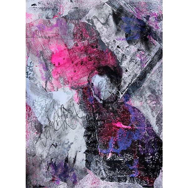 Oeuvre abstraite sur papier en techniques mixtes signée MPOIRIER avec du blanc, rose, noir, mauve, gris.