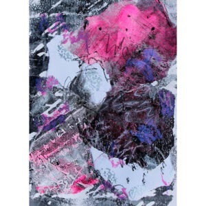 Oeuvre abstraite sur papier en techniques mixtes signée MPOIRIER avec du blanc, rose, noir, mauve, gris.