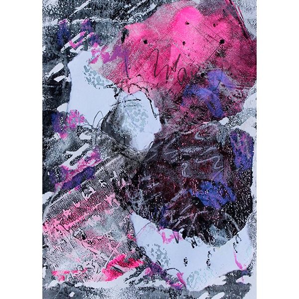 Oeuvre abstraite sur papier en techniques mixtes signée MPOIRIER avec du blanc, rose, noir, mauve, gris.