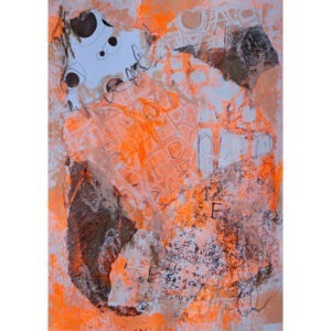 Oeuvre abstraite sur papier en techniques mixtes signée MPOIRIER avec du blanc, rose, orange noir, gris.