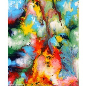 Peinture abstraite de format rectangulaire signée Alain Paré: blanc, rose, rouge, jaune, orange, vert, gris, noir.