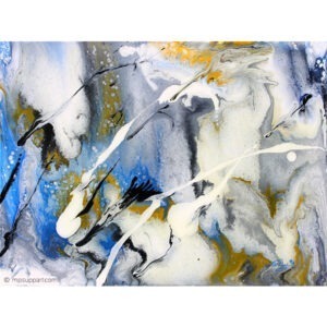 Peinture abstraite de format rectangulaire signée Alain Paré: blanc, jaune, gris, bleu, orange, violet, noir.