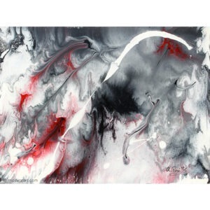 Peinture abstraite de format rectangulaire signée Alain Paré: blanc, rose, rouge, gris, noir.