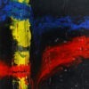 Peinture abstraite de format rectangulaire signée Alain Paré: blanc, rouge, jaune, bleu, gris, noir.