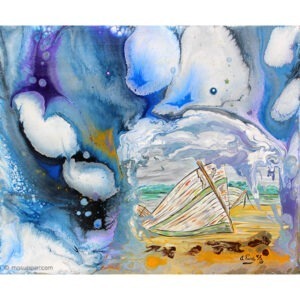Peinture abstraite de format rectangulaire signée Alain Paré: blanc, rose, orange, jaune, rouge, vert, bleu, mauve, brun, noir.