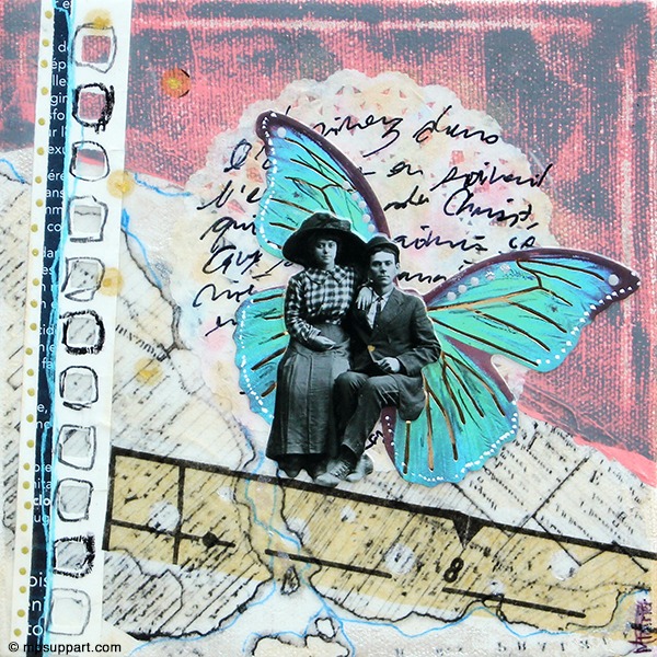 Peinture signée MPOIRIER avec représentation d'ange gardien et ailes de papillon: bleu, blanc, gris, noir, beige, doré, turquoise, rose.