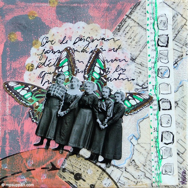 Peinture signée MPOIRIER avec représentation d'ange gardien et ailes de papillon: vert, blanc, gris, noir, beige, doré, rose, bleu.