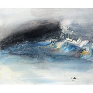 Peinture abstraite de format rectangulaire signée Alain Paré: blanc, rose, jaune, orange, gris, bleu, noir.