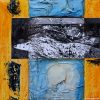 Peinture abstraite/ carré en techniques mixtes sur toile signée Diane Béland : blanc, jaune, orange, bleu, noir.