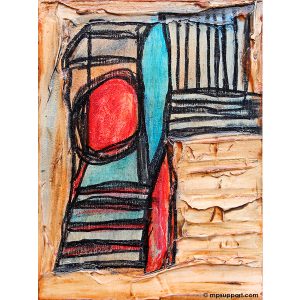 Peinture abstraite/ rectangulaire en techniques mixtes sur toile signée Diane Béland : blanc, orange, rouge, noir, turquoise, bleu.