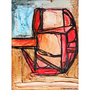 Peinture abstraite/ rectangulaire en techniques mixtes sur toile signée Diane Béland : blanc, orange, rouge, noir, bleu.