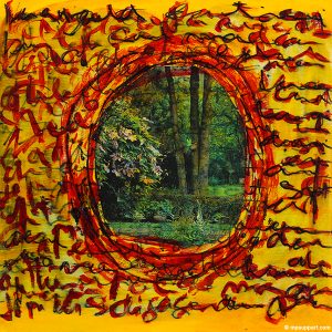 Peinture abstraite/ carré en techniques mixtes sur bois signée Diane Béland : jaune, orange, rouge, noir, rose, vert, brun.