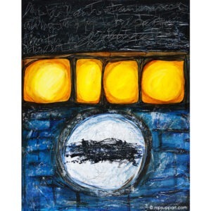Peinture abstraite/ rectangulaire en techniques mixtes sur toile signée Diane Béland : blanc, jaune, orange, bleu, noir.