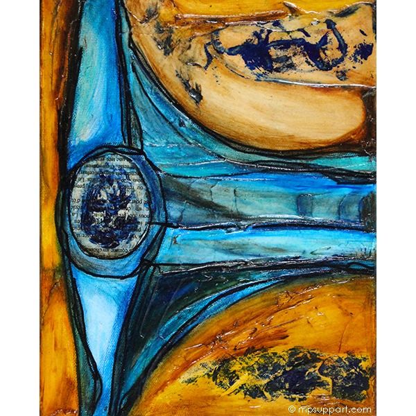 Peinture abstraite/ rectangulaire en techniques mixtes sur toile signée Diane Béland : blanc, jaune, orange, vert, bleu, noir.