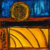 Peinture abstraite/ carré en techniques mixtes sur toile signée Diane Béland : blanc, jaune, orange, rouge, noir, vert, bleu.