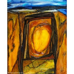 Peinture abstraite/ rectangulaire en techniques mixtes sur toile signée Diane Béland : blanc, jaune, orange, rouge, noir, bleu.