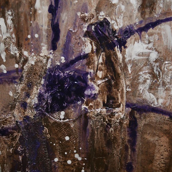 Peinture abstraite de format carré. Techniques mixtes sur toile signée MPOIRIER : blanc, beige, brun, mauve, noir.