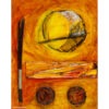 Peinture abstraite/ rectangulaire en techniques mixtes sur toile signée Diane Béland : blanc, jaune, orange, rouge, noir.