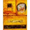 Peinture abstraite/ rectangulaire en techniques mixtes sur toile signée Diane Béland : blanc, jaune, orange, rouge, noir.