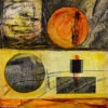 Peinture abstraite/ carré en techniques mixtes sur toile signée Diane Béland : blanc, jaune, orange, rouge, noir.