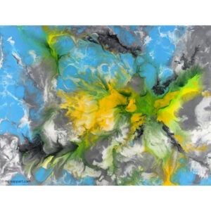Peinture abstraite de format rectangulaire signée Alain Paré: blanc, jaune, vert, gris, orange, bleu, noir.
