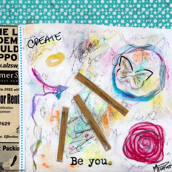 Peinture abstraite sur toile cartonnée/carré signée MPOIRIER: bleu, jaune, rose, blanc, turquoise, noir, rouge, orange, mauve, beige, brun.