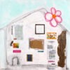 oeuvre abstraite avec une maison, fleur rose, plume doré, porte et mots signée mpoirier